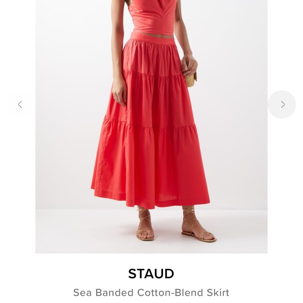 STAUD, sea banded cotton blend midi skirt, CORAL color